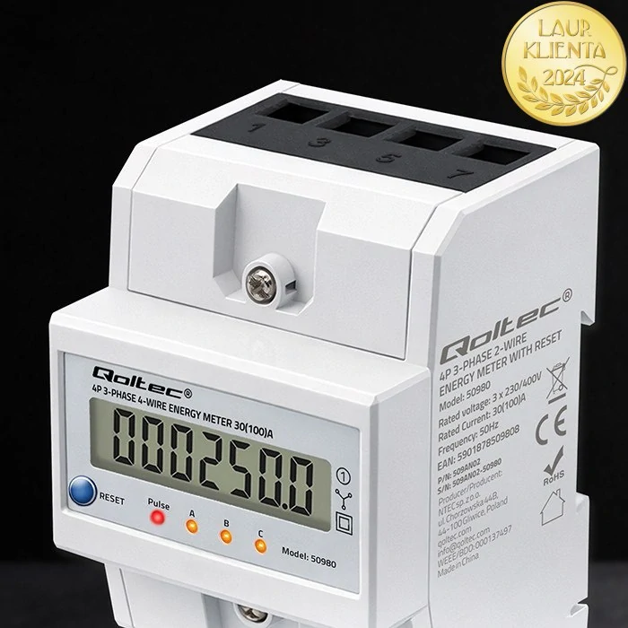 *Qoltec 50980 Qoltec Třífázový elektronický elektroměr s resetem | Elektroměr na DIN lištu | 400V | 100A | LCD | LED | 4P