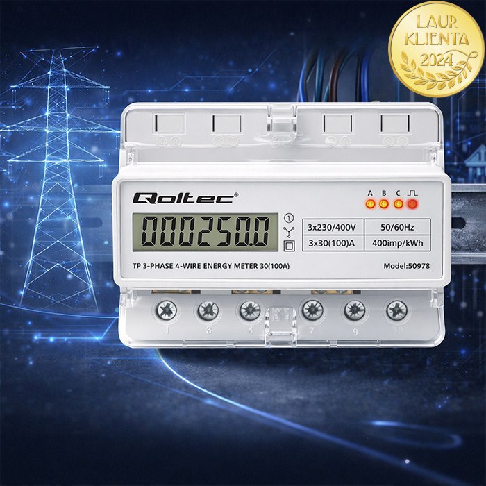 *Qoltec 50978 QOLTEC Třífázový elektronický elektroměr | Elektroměr na DIN lištu | 400V | 100A | LCD | LED | 7P