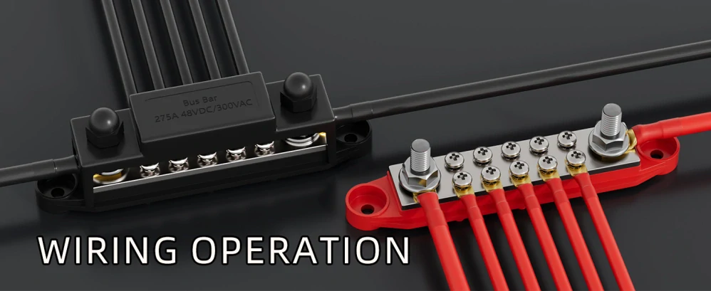 *Napájecí sběrnice 275A 12V/24V/48V – rozvodný blok baterie +/–, 2× M10 (3/8") + 10× M5 | měděný bus bar