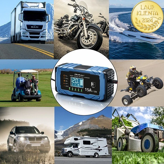 *Qoltec 52666 Qoltec Inteligentní nabíječka baterií 12V 15A | AGM, GEL, LiFePO4 | 9-krokové nabíjení