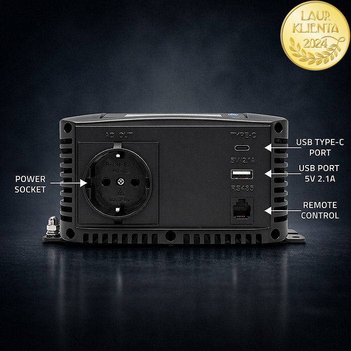 Qoltec 52687 Měnič napětí Qoltec 12V → 230V 300W/600W čistá sinusovka | LCD | USB | USB-C | pro LiFePO4 a AGM baterie