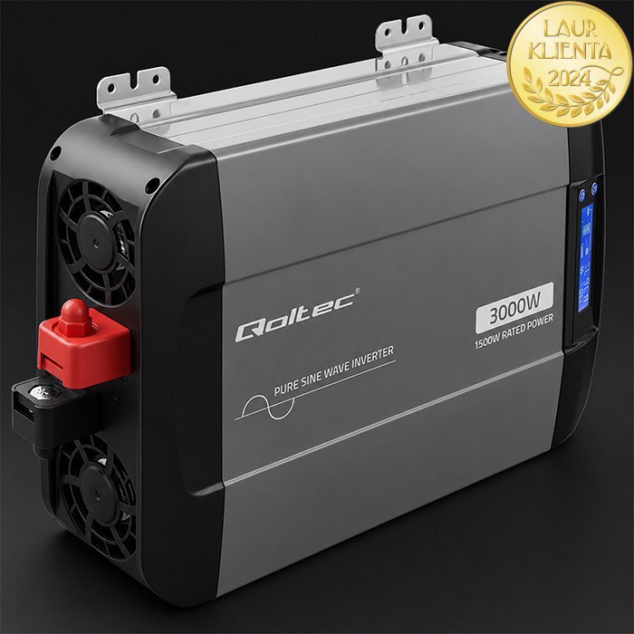 Qoltec 52690 Měnič napětí Qoltec 12V → 230V 1500W/3000W čistá sinusovka | LCD | USB | USB-C | pro LiFePO4 a AGM baterie