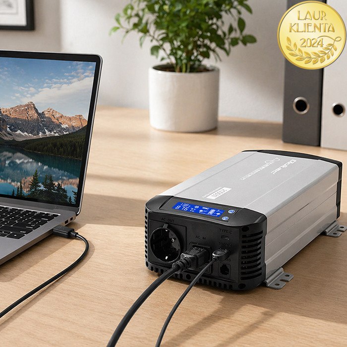 Qoltec 52697 Měnič napětí Qoltec 12V → 230V 1000W/2000W čistá sinusovka | UPS Bypass mode | LCD | USB | USB-C | pro LiFePO4 a AGM baterie