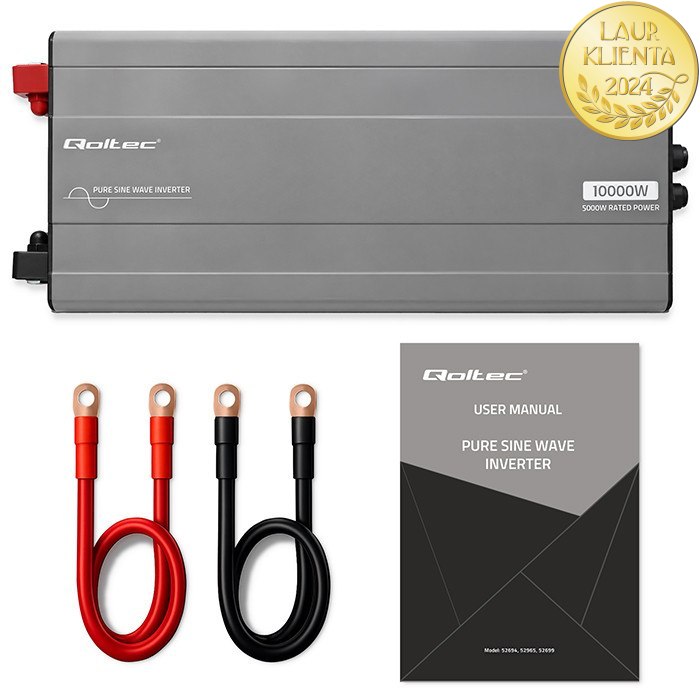 Qoltec 52695 Měnič napětí Qoltec 24V → 230V 5000W/10000W čistá sinusovka | UPS Bypass mode | USB | USB-C | pro LiFePO4 a AGM baterie