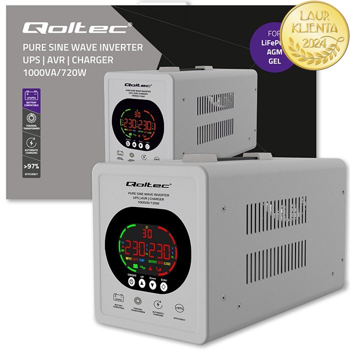 Qoltec 50451 UPS Čistá Sinusoida 1000VA/720W AVR LCD | Záložní zdroj 12V/230V pro LiFePO4 AGM GEL