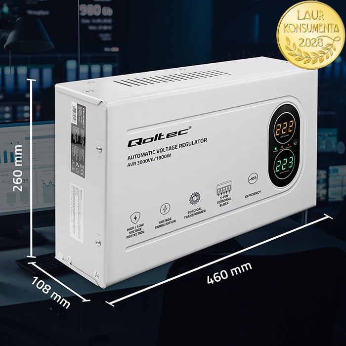 Qoltec 50450 AVR 3000VA (1800W) – Automatický stabilizátor napětí 230 V | Toroidní transformátor
