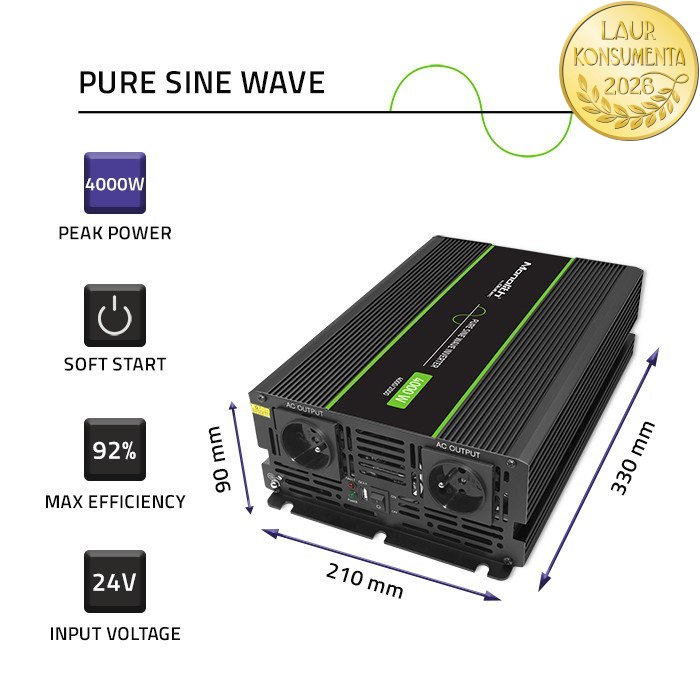*Qoltec 51939 Měnič napětí 24V/230V 2000W (4000W) čistý sinus | Karavan, LiFePO4, solární systém.