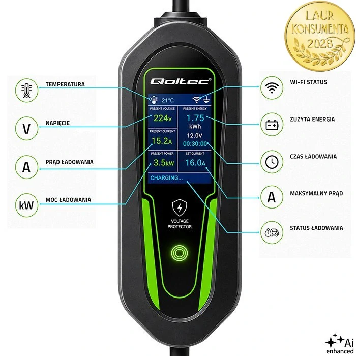 Qoltec 53180 Mobilní nabíječka EV 2v1 Typ 2 | 3,5 kW | 230 V Schuko 16 A | Wi-Fi Tuya Smart Life | 5 m