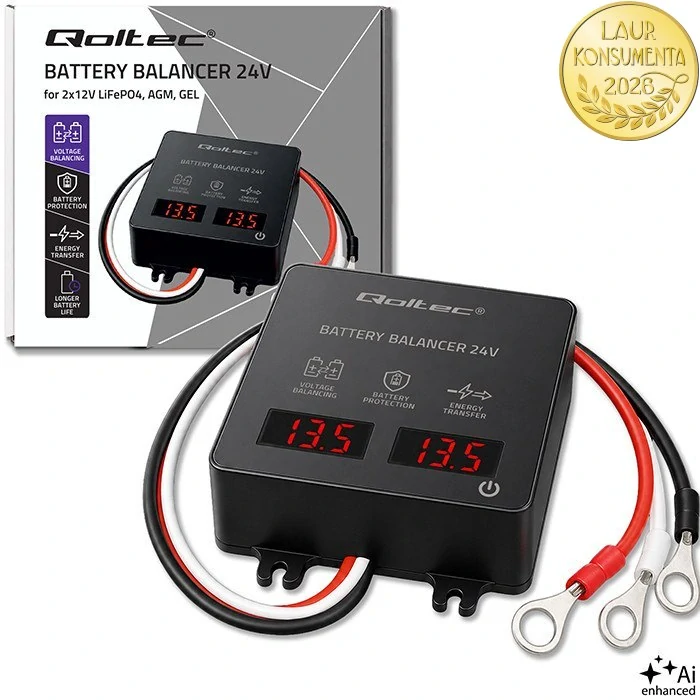 Qoltec 51078 24V napěťový balancer pro 2×12V baterie | 5A | AGM, GEL, LiFePO4 | LED displej
