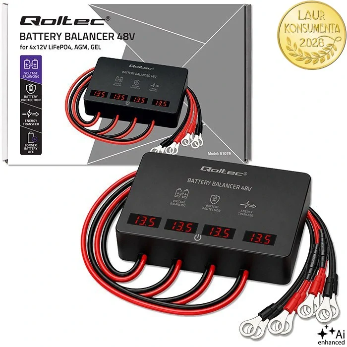 Qoltec 51079 Balancer baterií 48V 4×12V | 10A | LiFePO4 AGM GEL | LED displej