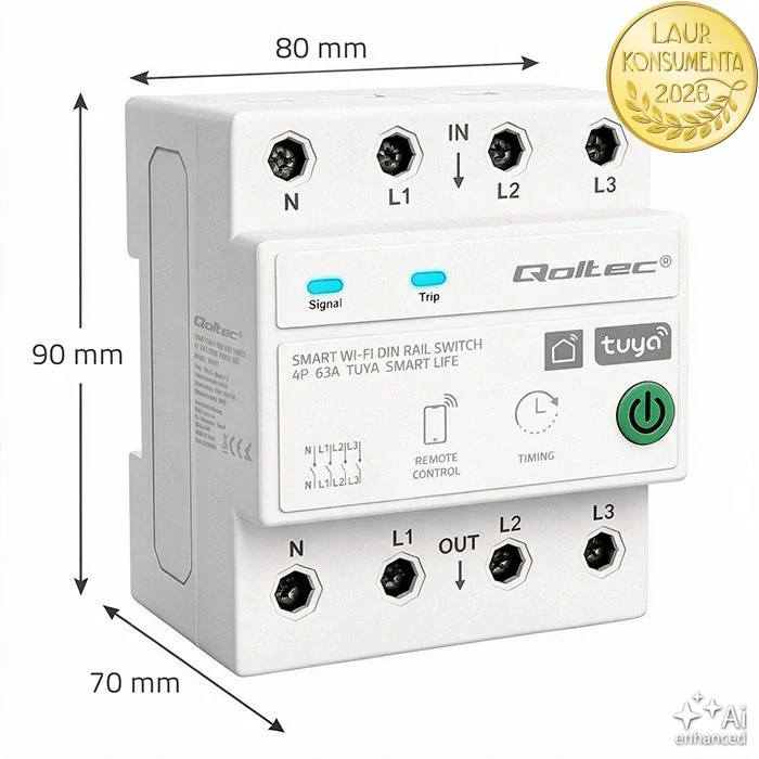 Qoltec 50976 Třífázové Wi-Fi relé 63A 4P (3P+N) na DIN lištu | Tuya Smart | Smart Life | měření energie | časovač