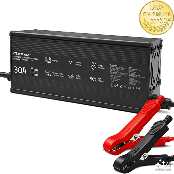 Qoltec 52671 Automatická nabíječka LiFePO4 12,8V 20A 292W | CC/CV | 14,6V | LED | PF 0,9
