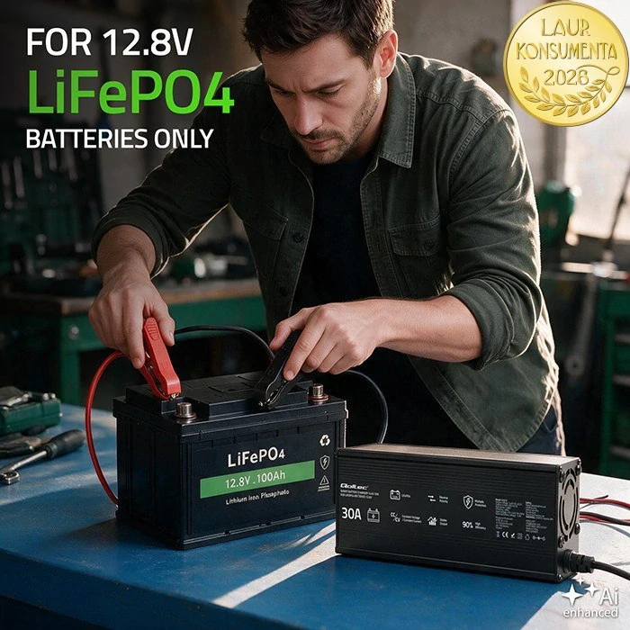 Qoltec 52672 Nabíječka LiFePO4 12V / 12,8V 30A 438W | CC/CV | PF 0,9 | LED