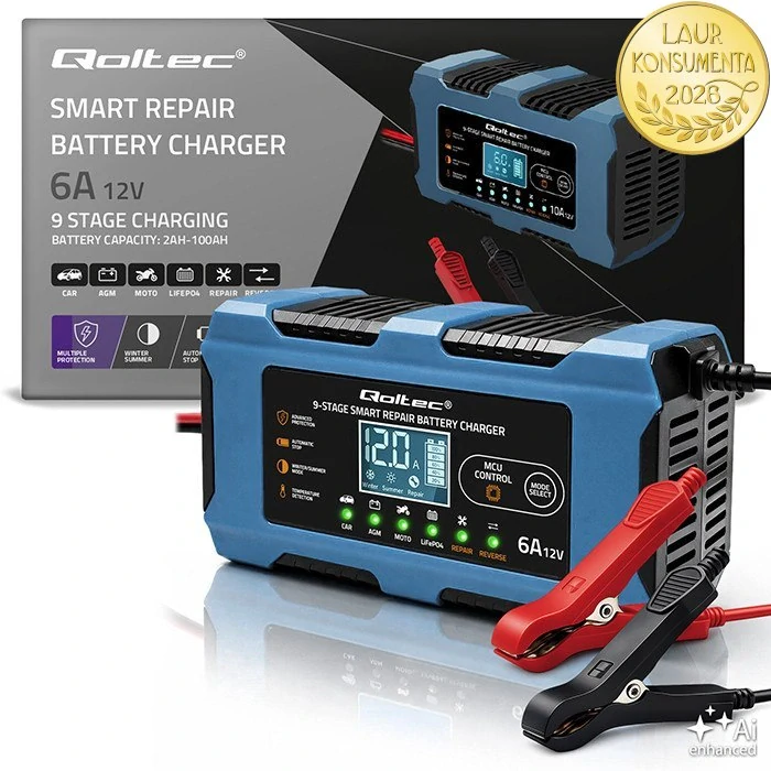 Qoltec 52669 Chytrá mikroprocesorová nabíječka baterií 12V 6A | LiFePO4 AGM GEL | 9 stupňů | Repair | LCD