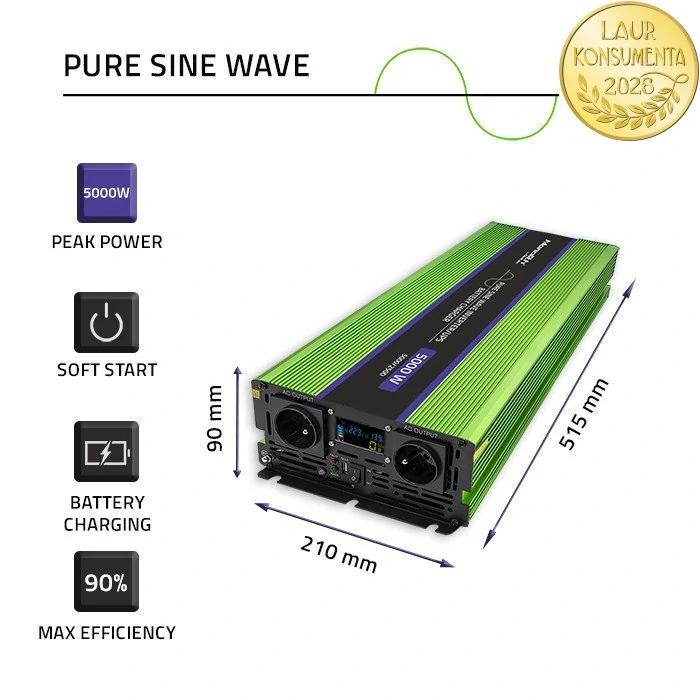 Qoltec 51944 měnič 12V/230V 2500W (5000W špička), čistý sinus, UPS + nabíječka 15A, LCD