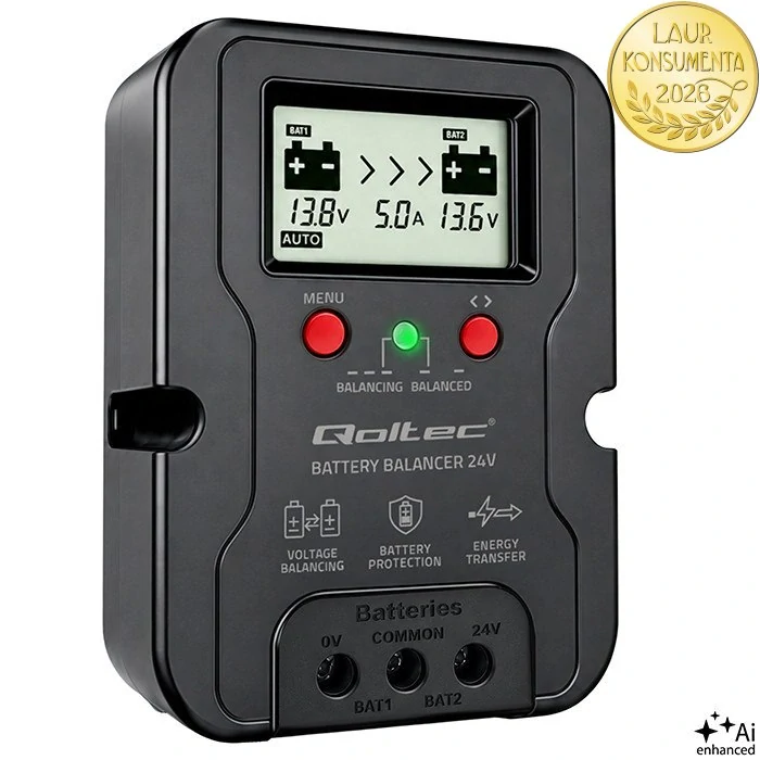 Qoltec 51099 Balanser baterií 24V 5A pro 2× 12V | AGM, GEL, LiFePO4 | LCD