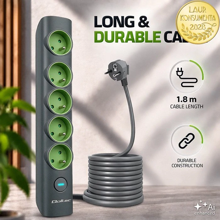 Qoltec 52761 prodlužovací kabel s vypínačem, 5 zásuvek s uzemněním, 1,8 m, 16 A / 3 680 W