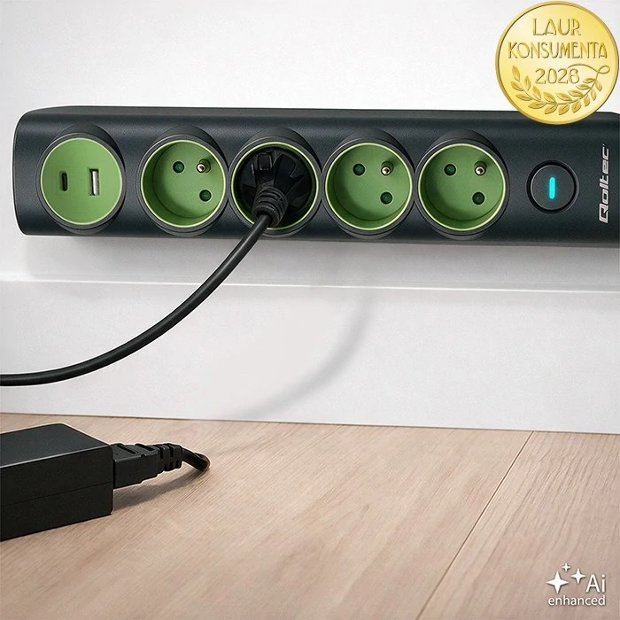 Qoltec 52762 přepěťová prodlužovací zásuvková lišta 6v1 – 4 zásuvky, USB-C 15W, USB-A 12W, 1,8 m