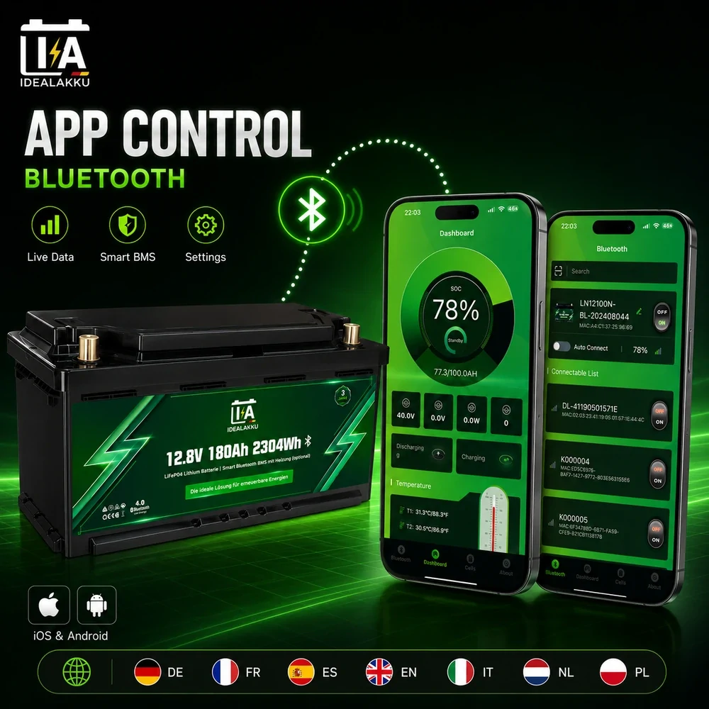 ❄️ IdealAkku IA-12-180H LiFePO4 baterie 12,8V 180Ah 2304Wh s ohřevem, Bluetooth, Smart BMS – pod sedadlo DIN H8/LN5