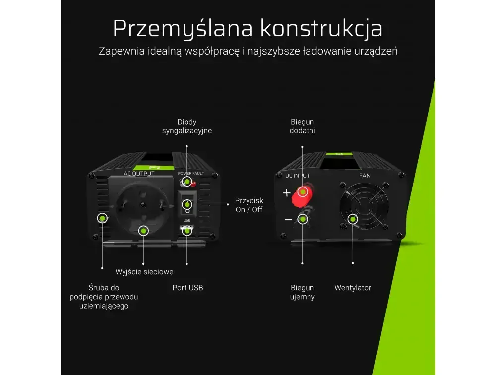 *Green Cell INV07 Měnič napětí s funkcí UPS z 12V na 230V s funkcí UPS, 300W/600W - čistý sinus, pro oběhová čerpadla