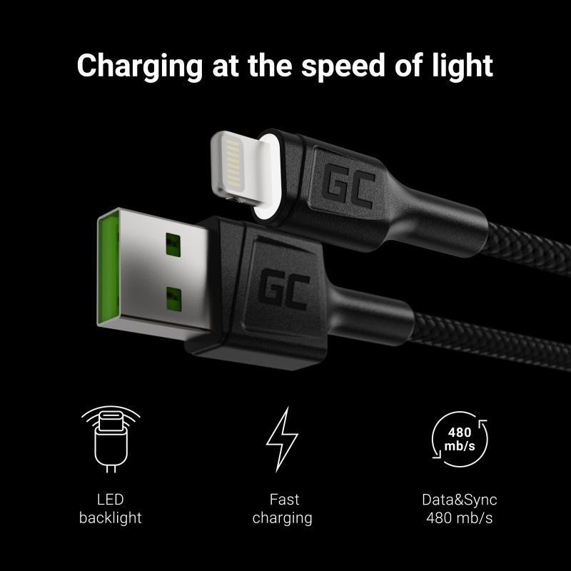 Green Cell kabel GC Ray USB - Lightning 120cm pro iPhone, iPad, iPod, bílé podsvícení LED, podpora rychlého nabíjení