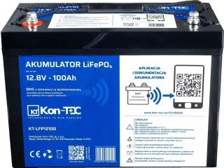 *Baterie Kon-Tec Lithium-železo-fosfátová LiFePO4 baterie 12V, 12,8V 100Ah pro solární panely, obytné automobily a lodě - Wireless BMS System