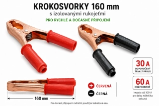 *Bateriové krokosvorky 160 mm, 12–24 V, max. 30 A – červená a černá, 2 ks