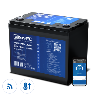 ❄️Baterie Kon-Tec Blue Line KT-LFP12100 Lithium-železo-fosfátová LiFePO4 baterie 12V, 12,8V 100Ah, 1280Wh - Wireless BMS System + funkce ohřevu baterie
