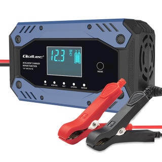 *Qoltec 52482 Inteligentní nabíječka baterií STD AGM GEL LiFePO4 | s funkcí opravy |12-24V |10A | LCD | 9 – stupňů nabíjení