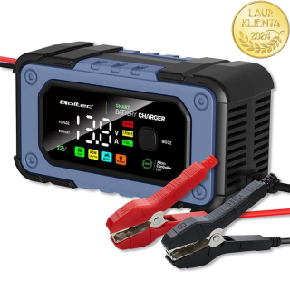 *Qoltec 52486 Inteligentní nabíječka baterií řízená mikroprocesorem LiFePO4, AGM, GEL, STD, WET | s funkcí opravy | 12V | 7A | LED | 4 – režimy nabíjení
