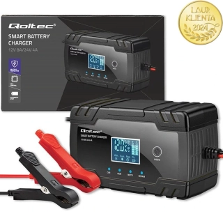Qoltec 52490 Inteligentní 12V 8A | 24V 4A Mikroprocesorová Nabíječka s LCD | Regenerace AGM GEL Baterií