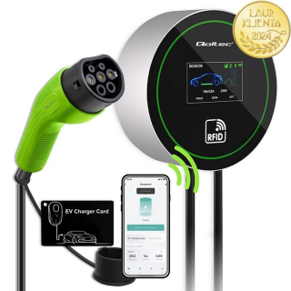 WallBox Nabíjecí stanice pro elektromobily Qoltec 2 v 1 Typ 2 | 22 kW | Wi-Fi | | LCD | 3 fáze | Wallbox | Aplikace Smart Life | RFID | 5 m
