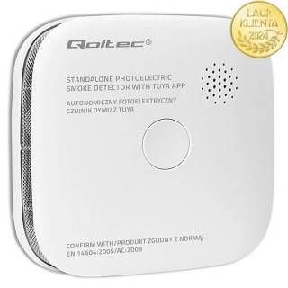 *Qoltec 52579 Bezdrátový detektor kouře Wi-Fi Tuya s LED indikací | Certifikovaný alarm 85 dB | Životnost senzoru 10 let | Baterie součástí