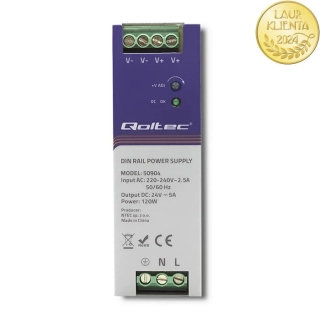 Qoltec 50904 – Průmyslový napájecí zdroj na DIN lištu 120 W / 24 V / 5 A