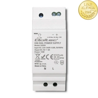 Qoltec 50995 – Průmyslový napájecí zdroj na DIN lištu 15 W / 5 V / 3 A / Bílý