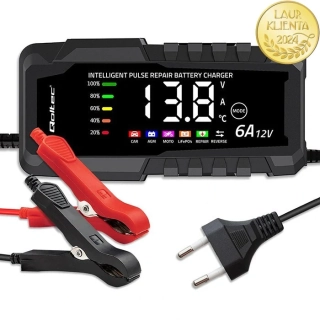 *Qoltec 52494 Intelligent Charger 12 V 6 A | Mikroprocesorová nabíječka LiFePO₄ / AGM / GEL s LCD displejem a režimem opravy pro AGM GEL LiFePO4 baterie