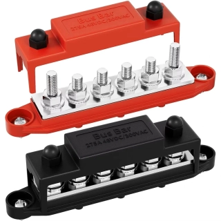 *Rozvodná svorkovnice Busbar DaierTek 6x M8 12V – 6 vývodů + ochranný kryt Max 300V AC, 48V DC,275A (DC) kladný a záporný rozvodný blok