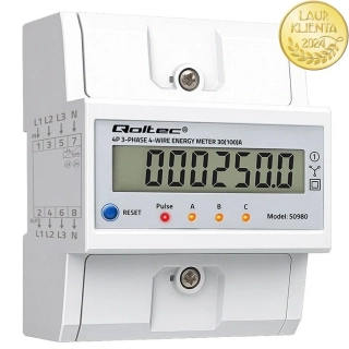*Qoltec 50980 Qoltec Třífázový elektronický elektroměr s resetem | Elektroměr na DIN lištu | 400V | 100A | LCD | LED | 4P