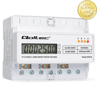 *Qoltec 50978 QOLTEC Třífázový elektronický elektroměr | Elektroměr na DIN lištu | 400V | 100A | LCD | LED | 7P
