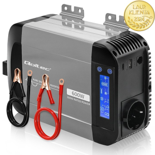 Qoltec 52687 Měnič napětí Qoltec 12V → 230V 300W/600W čistá sinusovka | LCD | USB | USB-C | pro LiFePO4 a AGM baterie