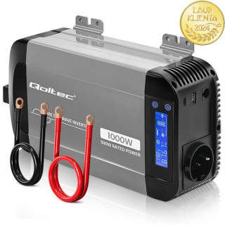 Qoltec 52688 Měnič napětí Qoltec 12V → 230V 500W/1000W čistá sinusovka | LCD | USB | USB-C | pro LiFePO4 a AGM baterie
