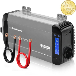 Qoltec 52689 Měnič napětí Qoltec 12V → 230V 1000W/2000W čistá sinusovka | LCD | USB | USB-C | pro LiFePO4 a AGM baterie