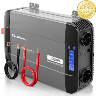 Qoltec 52690 Měnič napětí Qoltec 12V → 230V 1500W/3000W čistá sinusovka | LCD | USB | USB-C | pro LiFePO4 a AGM baterie