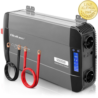 Qoltec 52692 Měnič napětí Qoltec 12V → 230V 2500W/5000W čistá sinusovka | LCD | USB | USB-C | pro LiFePO4 a AGM baterie