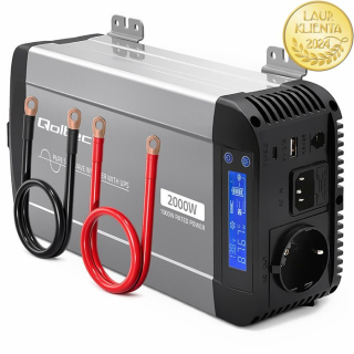 Qoltec 52696 Měnič napětí Qoltec 12V → 230V 1000W/2000W čistá sinusovka | UPS Bypass mode | LCD | USB | USB-C | pro LiFePO4 a AGM baterie