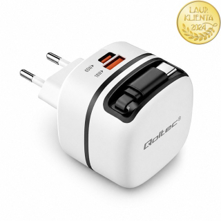 *Qoltec 51784 GaN 65W cestovní USB-C nabíječka | PD PPS | pro notebook, MacBook, telefon a tablet | zatahovací kabel