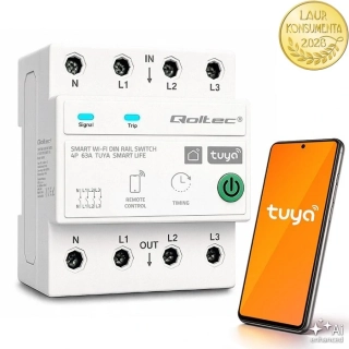 Qoltec 50976 Třífázové Wi-Fi relé 63A 4P (3P+N) na DIN lištu | Tuya Smart | Smart Life | měření energie | časovač