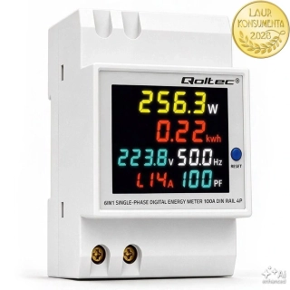 Qoltec 50977 Jednofázový elektroměr 6v1 na DIN lištu TH35 | 230 V | 100 A | LCD | CT | 3P