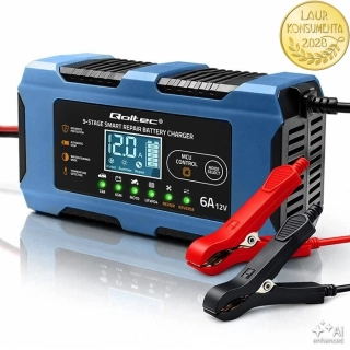 Qoltec 52669 Chytrá mikroprocesorová nabíječka baterií 12V 6A | LiFePO4 AGM GEL | 9 stupňů | Repair | LCD