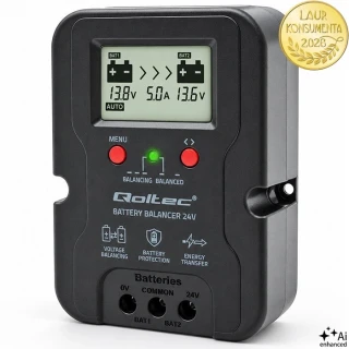 Qoltec 51099 Balanser baterií 24V 5A pro 2× 12V | AGM, GEL, LiFePO4 | LCD